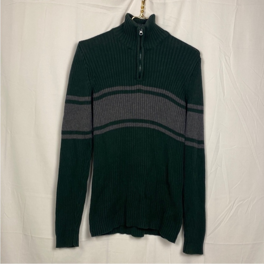 Men's Green & Grey American Rag Quarter‎ Zip Sweater Shirt Size Small